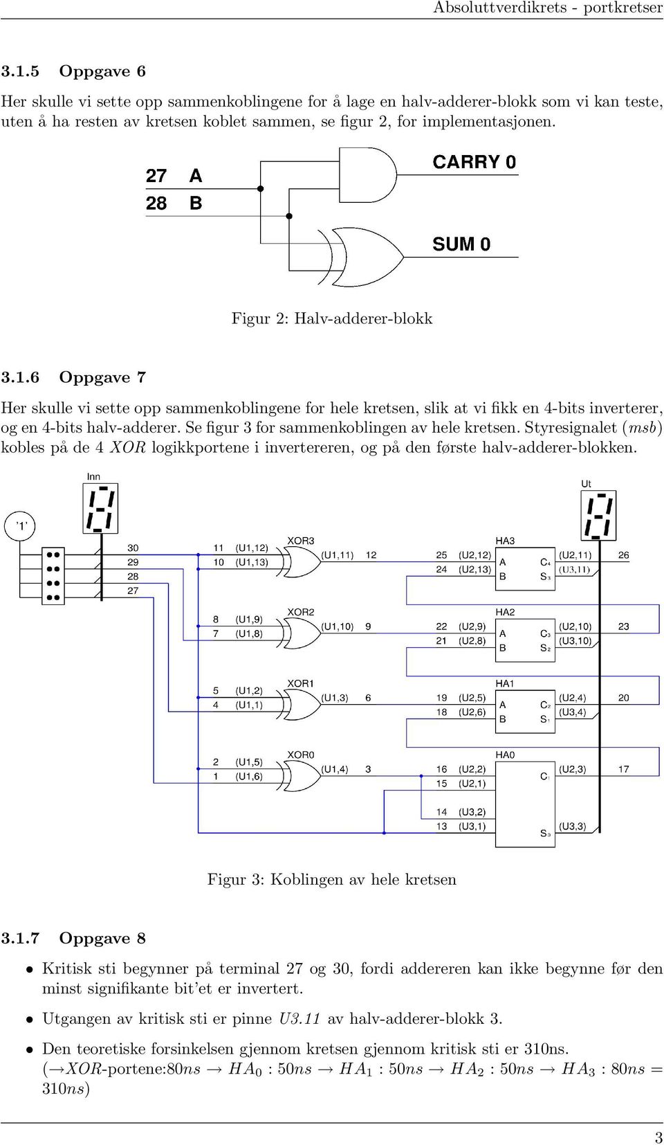 Se figur 3 for sammenkoblingen av hele kretsen. Styresignalet (msb) kobles på de 4 XOR logikkportene i invertereren, og på den første halv-adderer-blokken. Figur 3: Koblingen av hele kretsen 3.1.