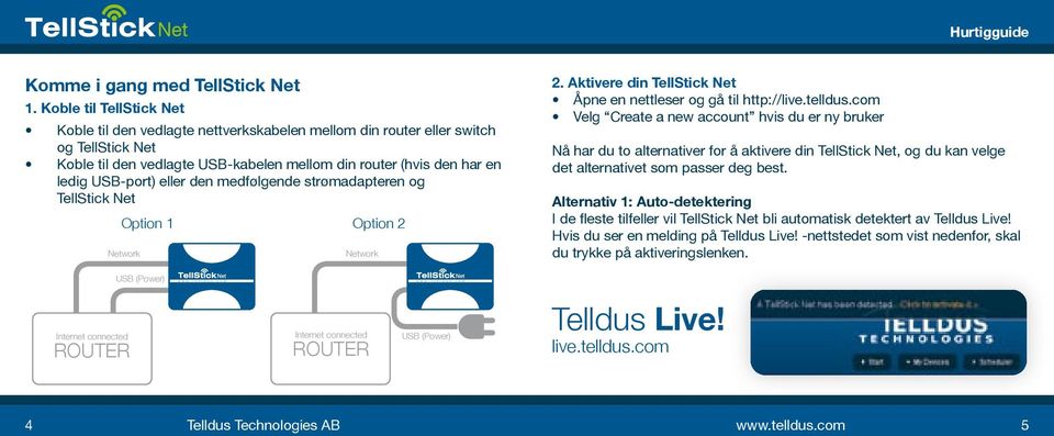 eller den medfølgende strømadapteren og TellStick Net Option 1 Option 2 Network Network 2. Aktivere din TellStick Net Åpne en nettleser og gå til http://live.telldus.