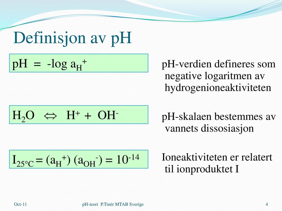 hydrogenioneaktiviteten ph-skalaen bestemmes av vannets dissosiasjon