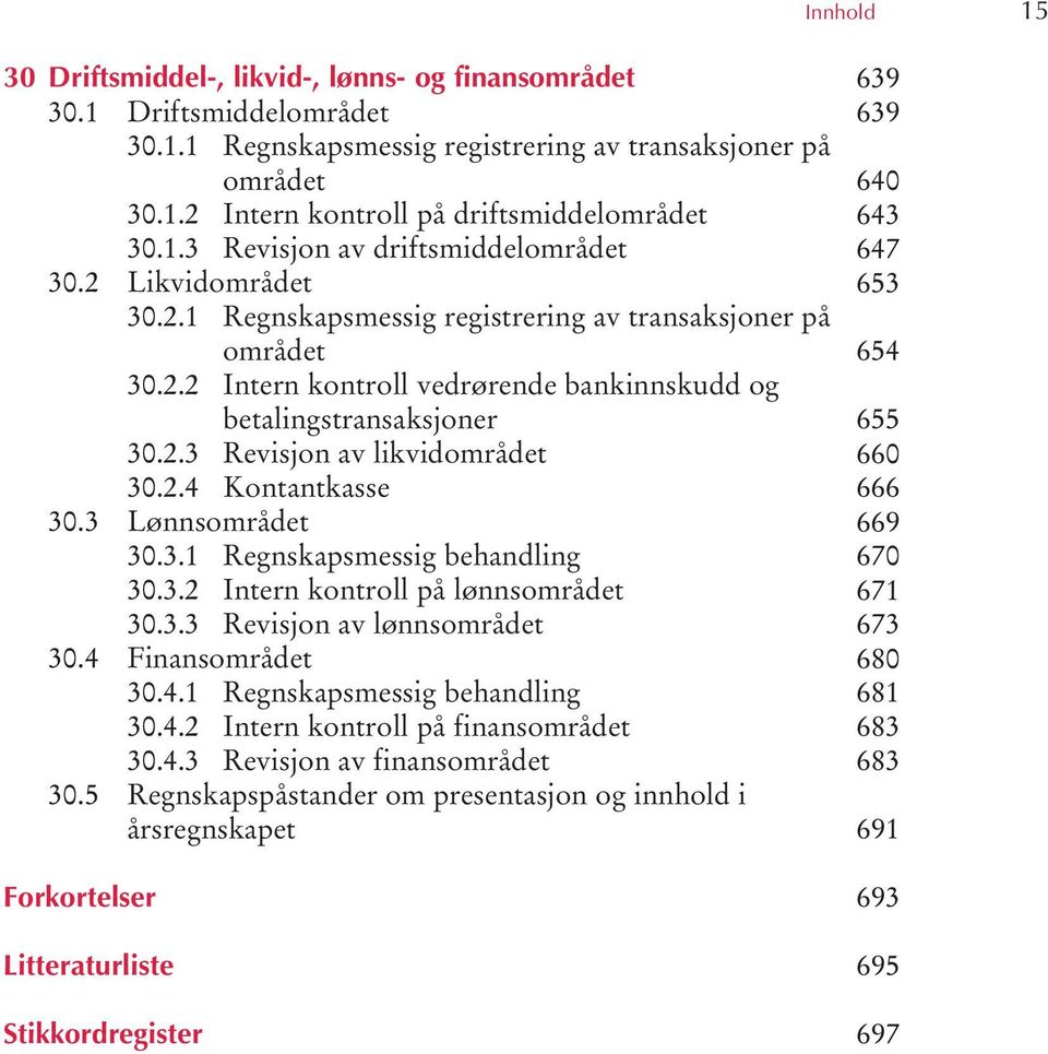 3 Lønnsområdet 30.3.1 Regnskapsmessig behandling 30.3.2 Intern kontroll på lønnsområdet 30.3.3 Revisjon av lønnsområdet 30.4 Finansområdet 30.4.1 Regnskapsmessig behandling 30.4.2 Intern kontroll på finansområdet 30.