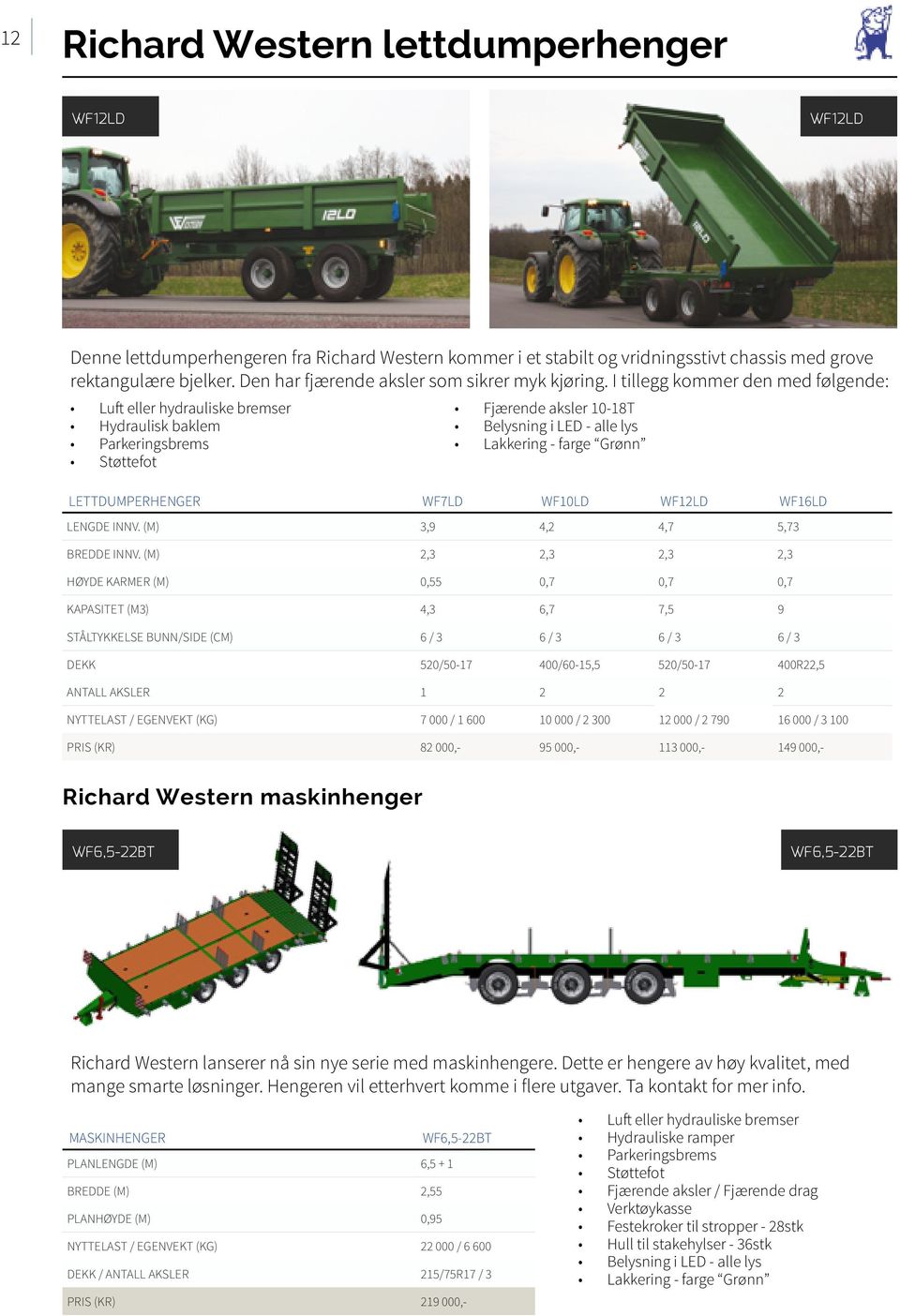 I tillegg kommer den med følgende: Luft eller hydrauliske bremser Hydraulisk baklem Parkeringsbrems Støttefot Fjærende aksler 10-18T Belysning i LED - alle lys Lakkering - farge Grønn