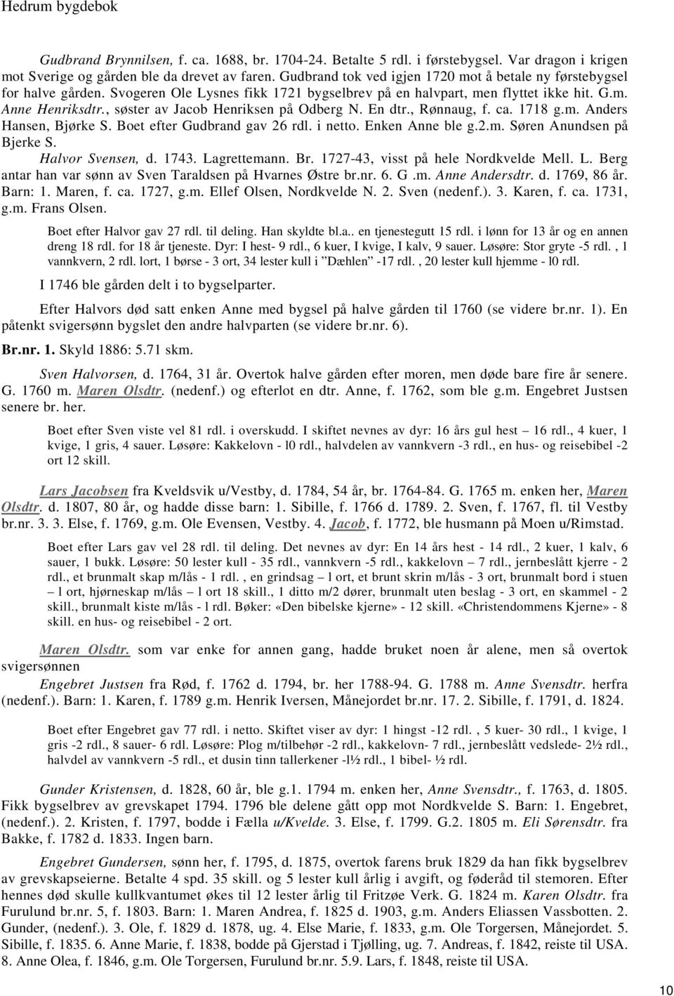 , søster av Jacob Henriksen på Odberg N. En dtr., Rønnaug, f. ca. 1718 g.m. Anders Hansen, Bjørke S. Boet efter Gudbrand gav 26 rdl. i netto. Enken Anne ble g.2.m. Søren Anundsen på Bjerke S.