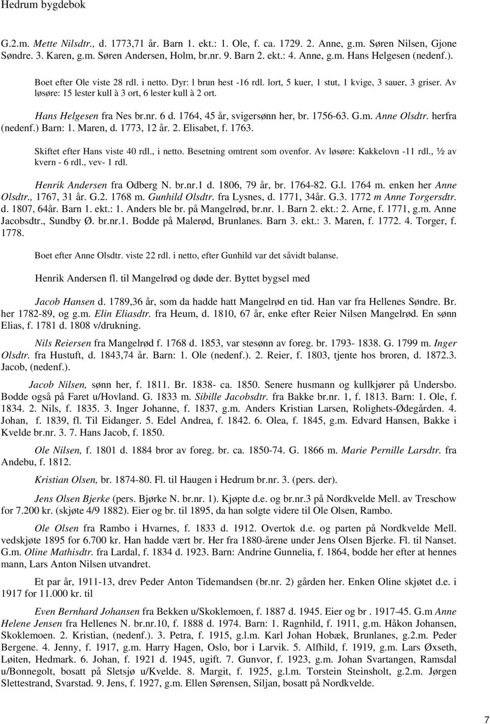 nr. 6 d. 1764, 45 år, svigersønn her, br. 1756-63. G.m. Anne Olsdtr. herfra (nedenf.) Barn: 1. Maren, d. 1773, 12 år. 2. Elisabet, f. 1763. Skiftet efter Hans viste 40 rdl., i netto.