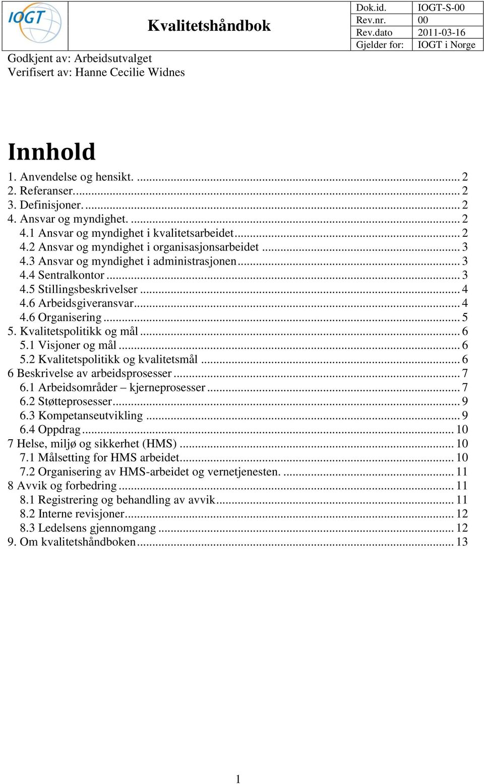 1 Visjoner og mål... 6 5.2 Kvalitetspolitikk og kvalitetsmål... 6 6 Beskrivelse av arbeidsprosesser... 7 6.1 Arbeidsområder kjerneprosesser... 7 6.2 Støtteprosesser... 9 6.3 Kompetanseutvikling... 9 6.4 Oppdrag.