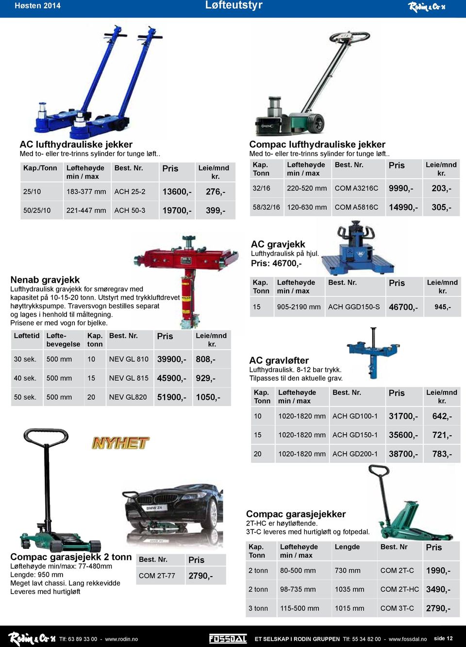 Tonn min / max Pris Leie/mnd kr. 32/16 220-520 mm COM A3216C 9990,- 203,- AC gravjekk Lufthydraulisk på hjul.
