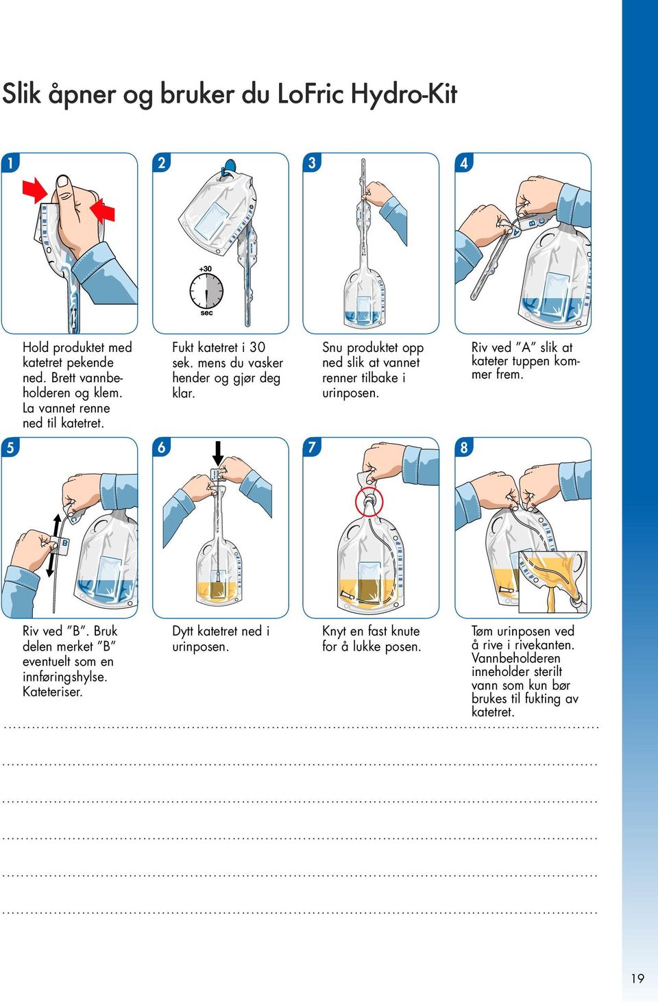 5 6 7 8 Riv ved A slik at kateter tuppen kommer frem. Riv ved B. Bruk Dytt katetret ned i Knyt en fast knute Tøm urinposen ved delen merket B urinposen.