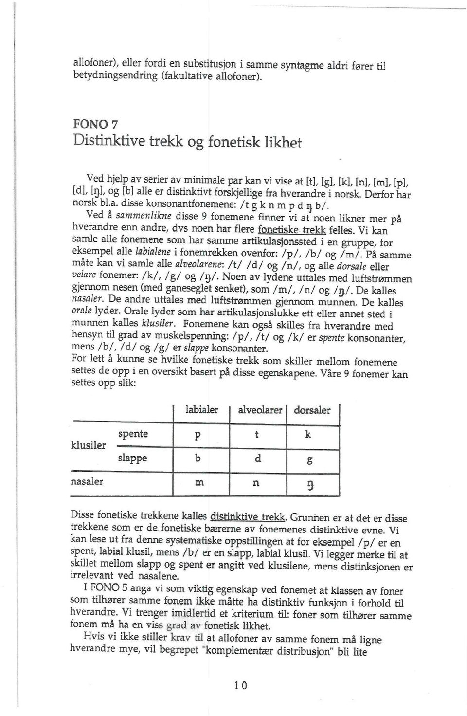 Derfor har norsk bl.a. disse konsonantfonemene: /tgknmpdnb/, Ved å sammenlikne disse 9 fonemene finner vi at noen likner mer på hverandre enn andre, dvs noen har flere fonetiske trekk felles.