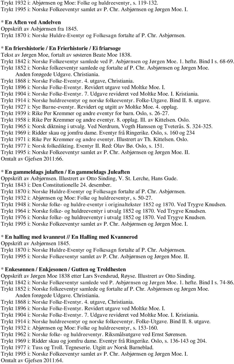 Bind I s. 68-69. Trykt 1896 i: Norske Folke-Eventyr. Revidert utgave ved Moltke Moe. I. Trykt 1904 i: Norske Folke-Eventyr. 7. Udgave revideret ved Moltke Moe. I. Kristiania.