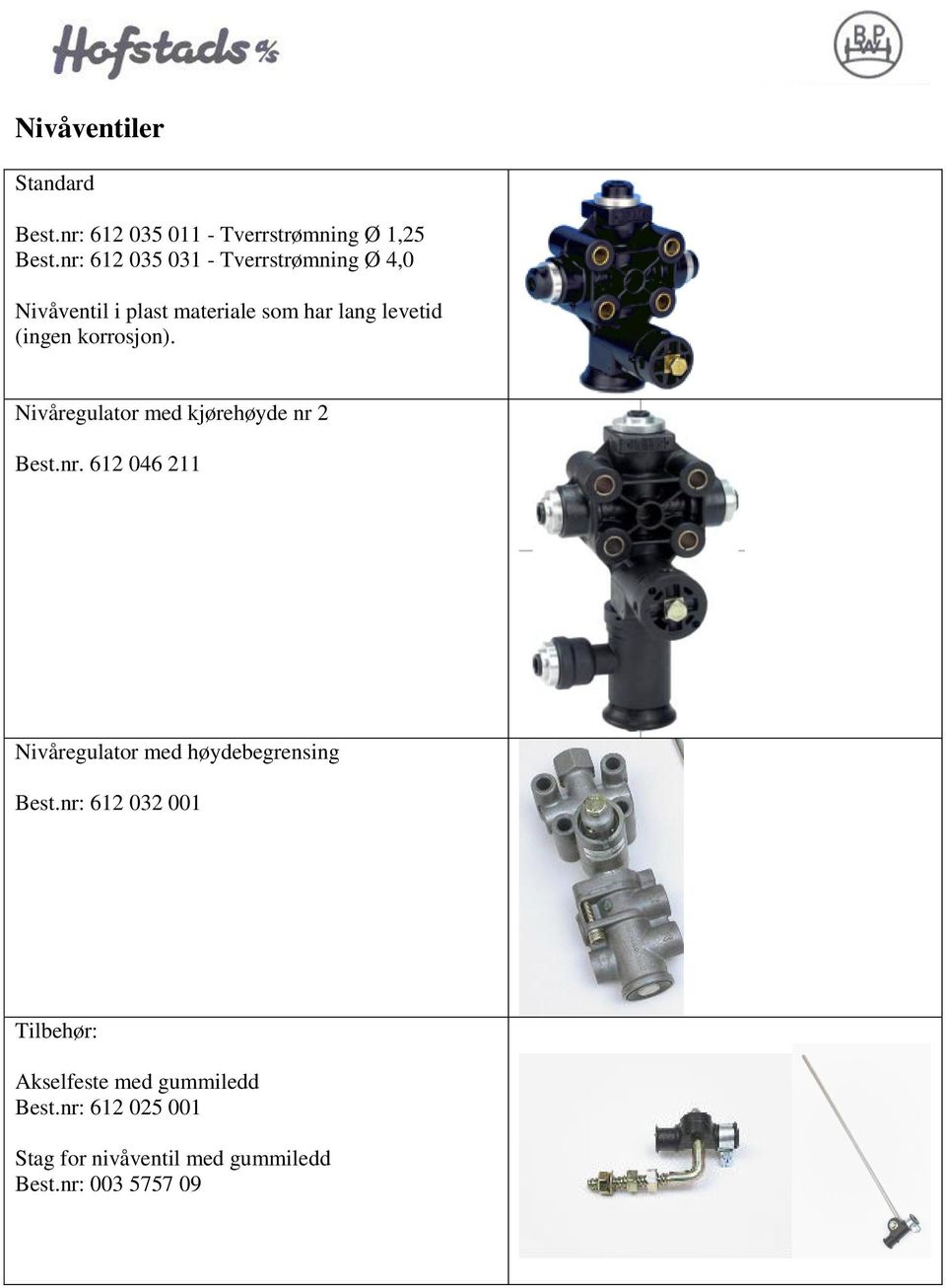 korrosjon). Nivåregulator med kjørehøyde nr 2 Best.nr. 612 046 211 Nivåregulator med høydebegrensing Best.