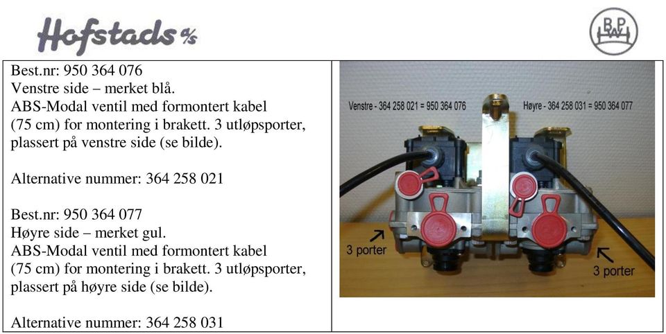 3 utløpsporter, plassert på venstre side (se bilde). Alternative nummer: 364 258 021 Best.