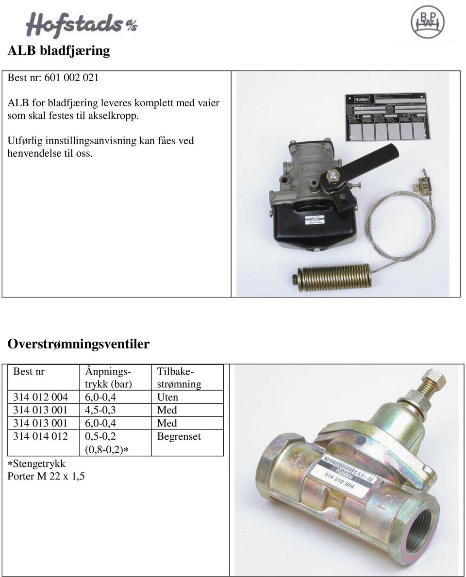 Overstrømningsventiler Best nr Ånpningstrykk (bar) Tilbakestrømning 314 012 004 6,0-0,4 Uten 314