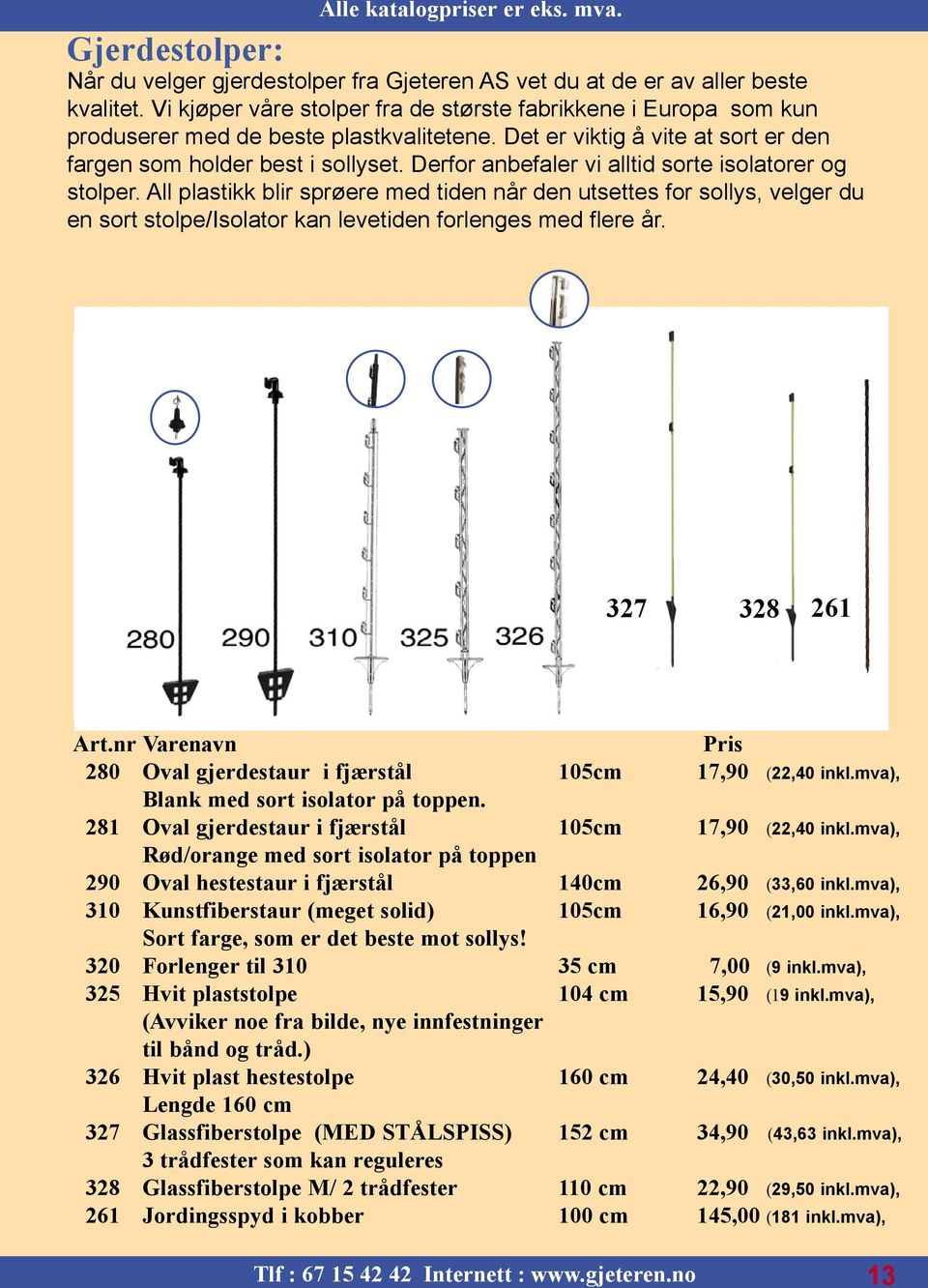 Derfor anbefaler vi alltid sorte isolatorer og stolper. All plastikk blir sprøere med tiden når den utsettes for sollys, velger du en sort stolpe/isolator kan levetiden forlenges med flere år.