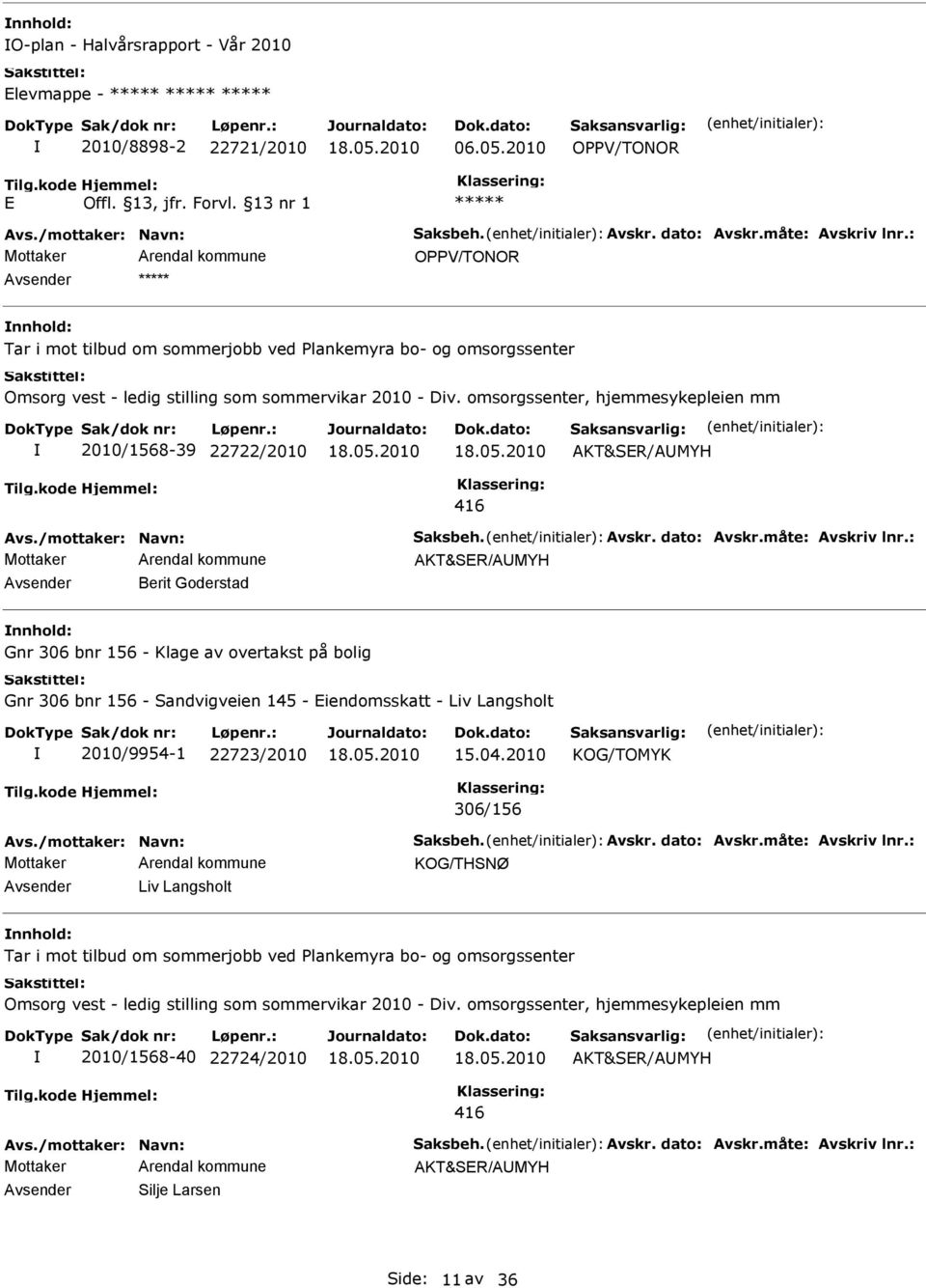 omsorgssenter, hjemmesykepleien mm 2010/1568-39 22722/2010 Avsender Berit Goderstad nnhold: Gnr 306 bnr 156 - Klage av overtakst på bolig Gnr 306 bnr 156 - Sandvigveien 145 - Eiendomsskatt -