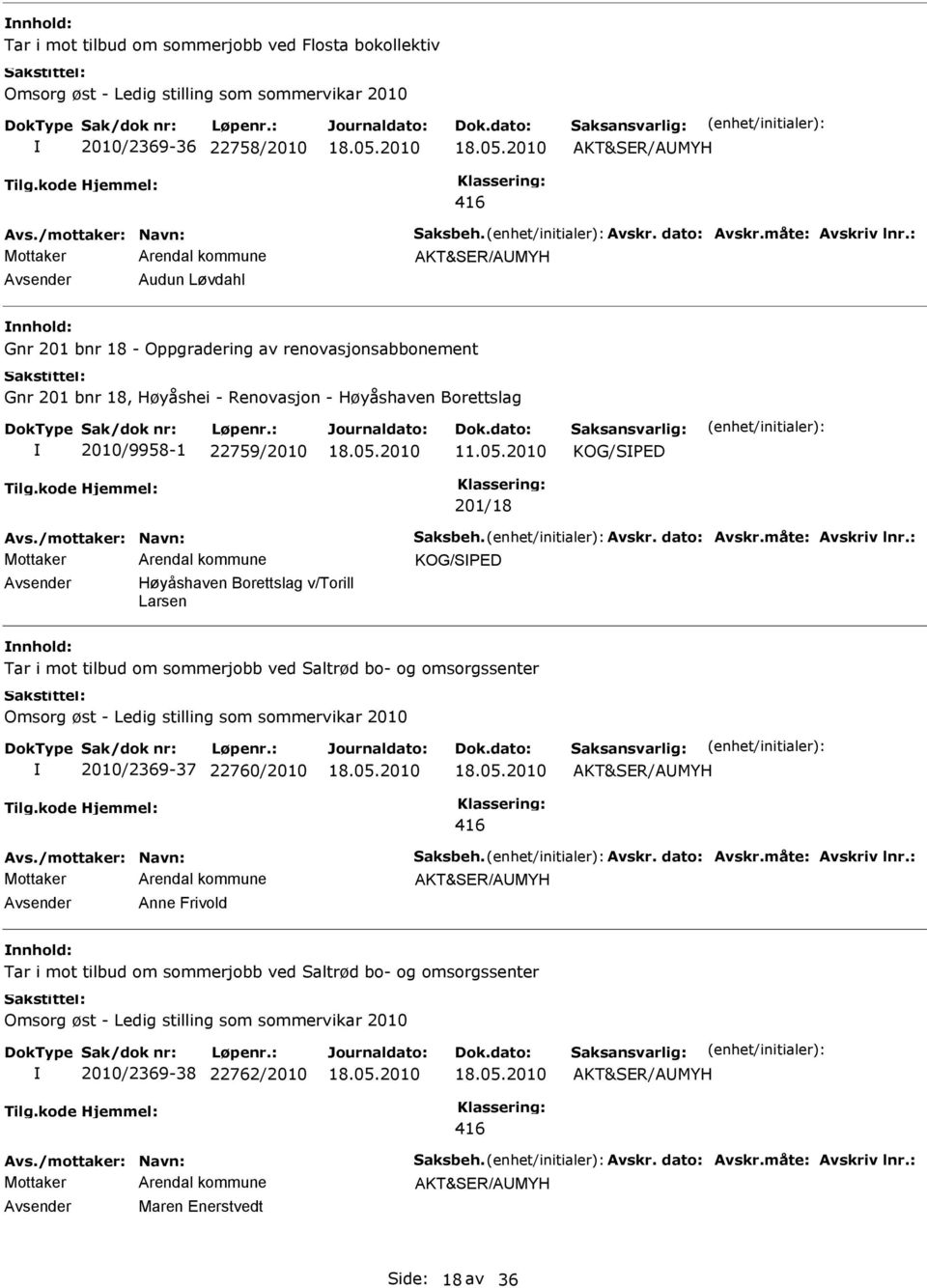 2010 KOG/SPED 201/18 KOG/SPED Avsender Høyåshaven Borettslag v/torill Larsen nnhold: Tar i mot tilbud om sommerjobb ved Saltrød bo- og omsorgssenter Omsorg øst - Ledig stilling som