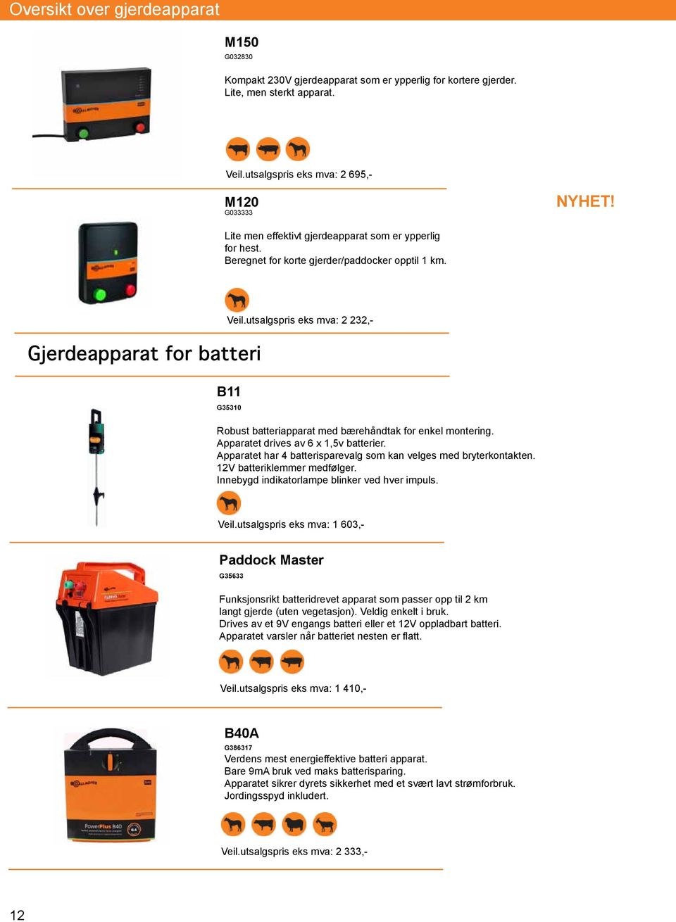 Gjerdeapparat for batteri Veil.utsalgspris eks mva: 2 232,- B11 G35310 Robust batteriapparat med bærehåndtak for enkel montering. Apparatet drives av 6 x 1,5v batterier.