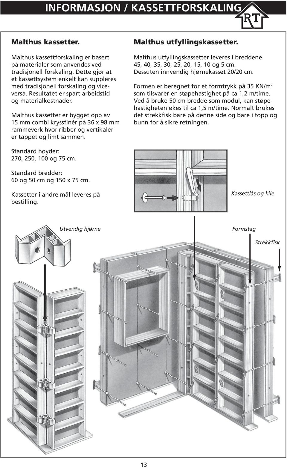 Malthus kassetter er bygget opp av 15 mm combi kryssfinér på 36 x 98 mm rammeverk hvor ribber og vertikaler er tappet og limt sammen. Malthus utfyllingskassetter.