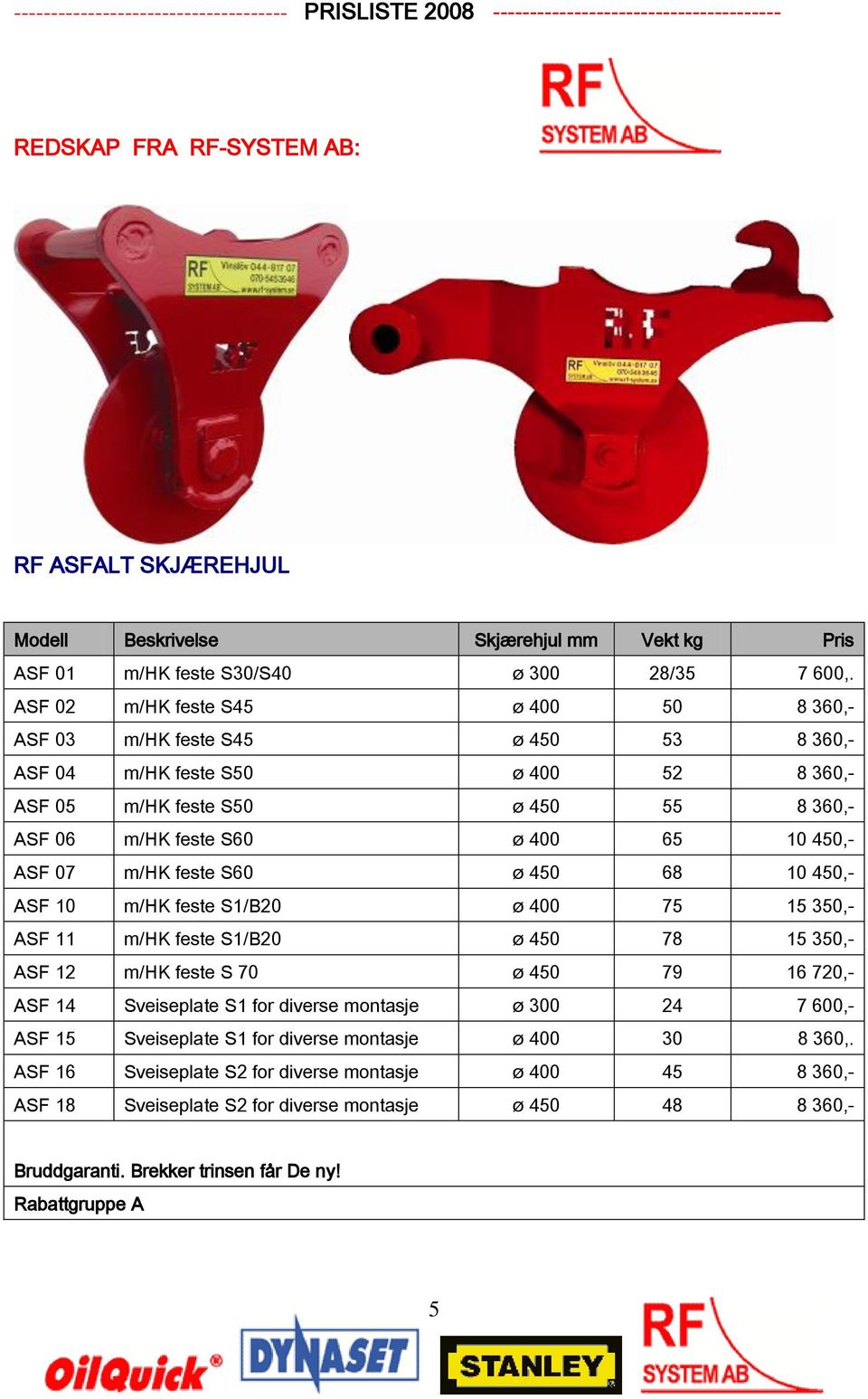 ASF 07 m/hk feste S60 ø 450 68 10 450,- ASF 10 m/hk feste S1/B20 ø 400 75 15 350,- ASF 11 m/hk feste S1/B20 ø 450 78 15 350,- ASF 12 m/hk feste S 70 ø 450 79 16 720,- ASF 14 Sveiseplate S1 for