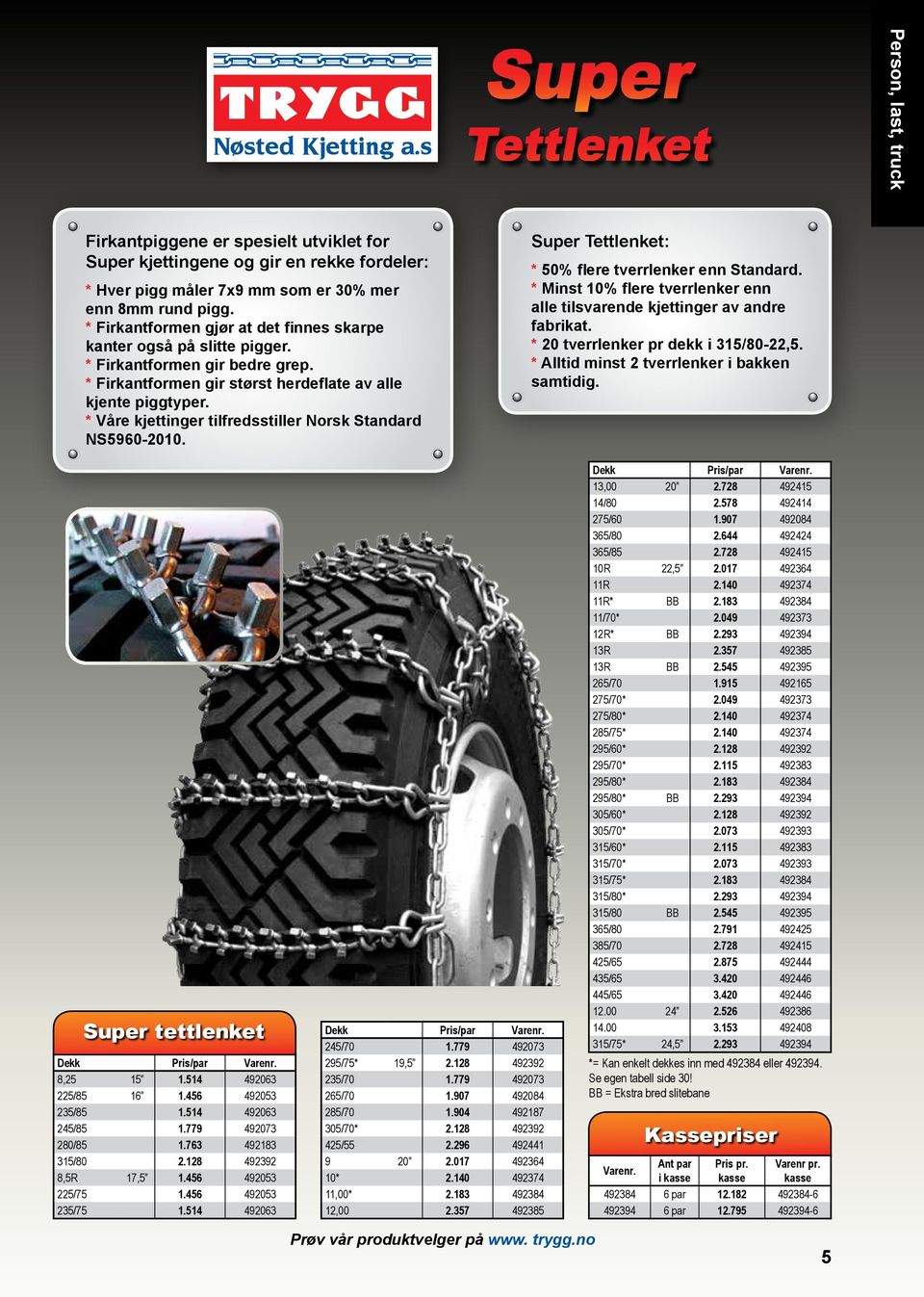 * Våre kjettinger tilfredsstiller Norsk Standard NS5960-2010. Super Tettlenket: * 50% flere tverrlenker enn Standard. * Minst 10% flere tverrlenker enn alle tilsvarende kjettinger av andre fabrikat.