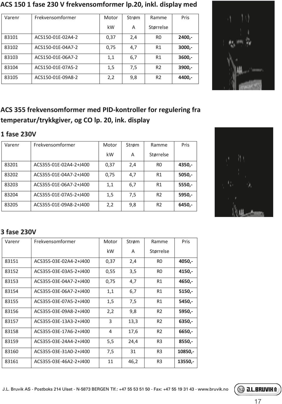 83104 ACS150 01E 07A5 2 1,5 7,5 R2 3900, 83105 ACS150 01E 09A8 2 2,2 9,8 R2 4400, ACS 355 frekvensomformer med PID kontroller for regulering fra temperatur/trykkgiver, og CO lp. 20, ink.