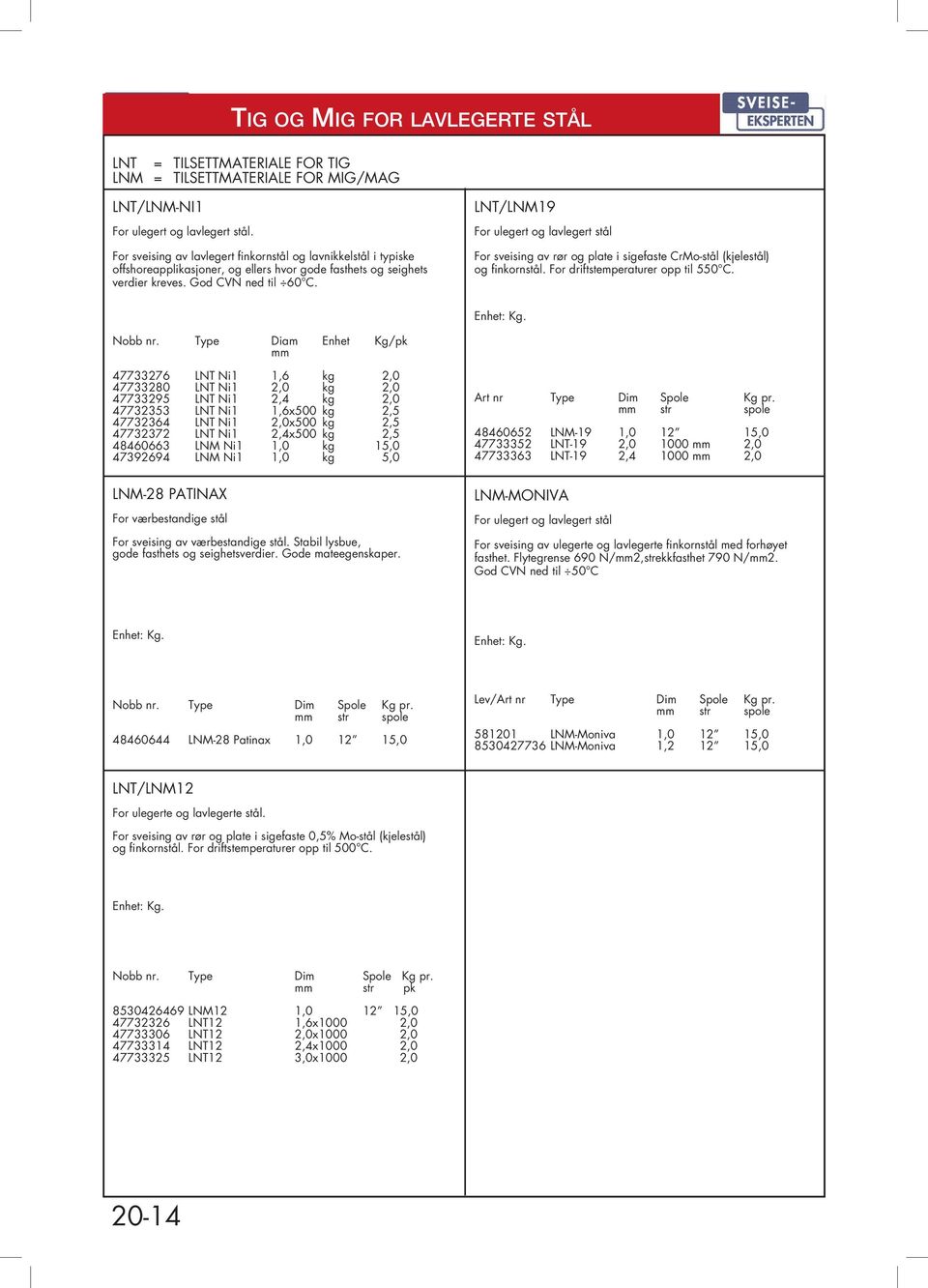 LNT/LNM19 For ulegert og lavlegert stål For sveising av rør og plate i sigefaste CrMo-stål (kjelestål) og finkornstål. For driftstemperaturer opp til 550 C. Nobb nr.