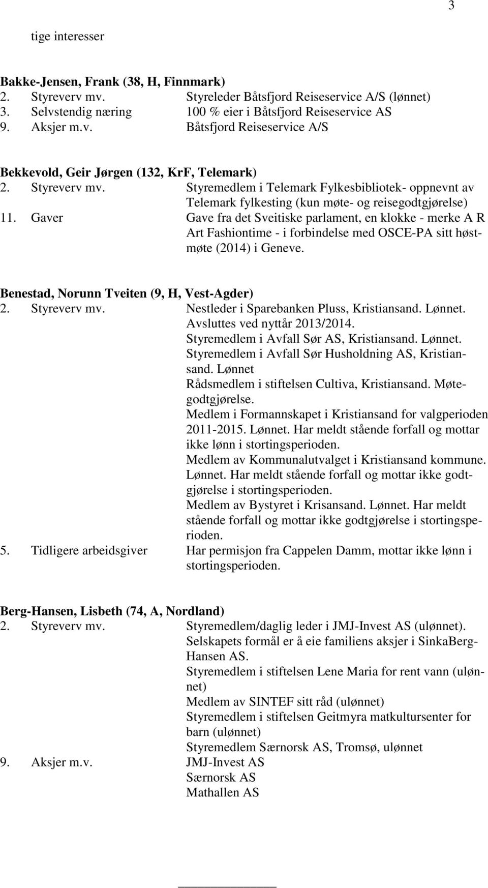 Gaver Gave fra det Sveitiske parlament, en klokke - merke A R Art Fashiontime - i forbindelse med OSCE-PA sitt høstmøte (2014) i Geneve. Benestad, Norunn Tveiten (9, H, Vest-Agder) 2. Styreverv mv.