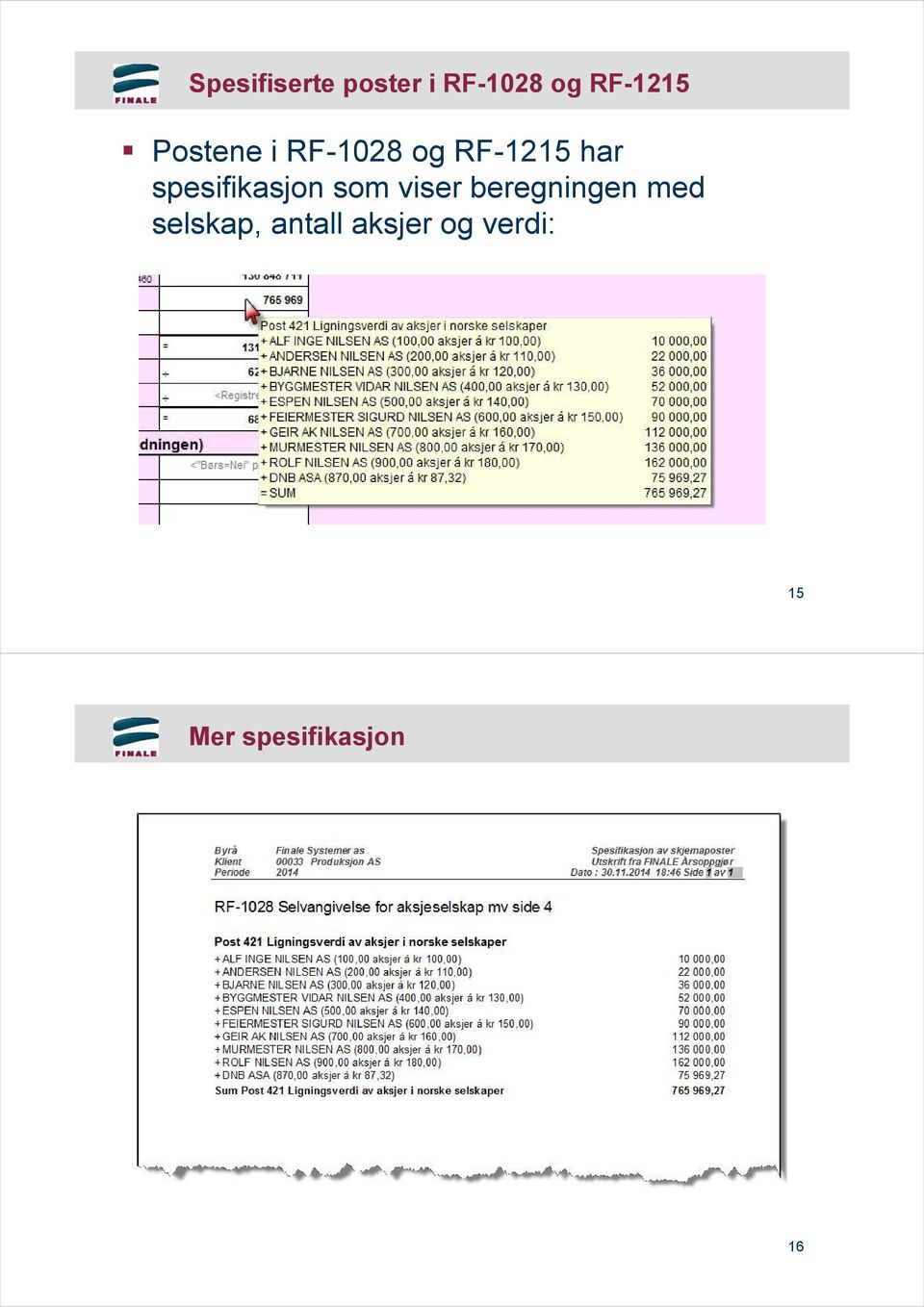 spesifikasjon som viser beregningen med