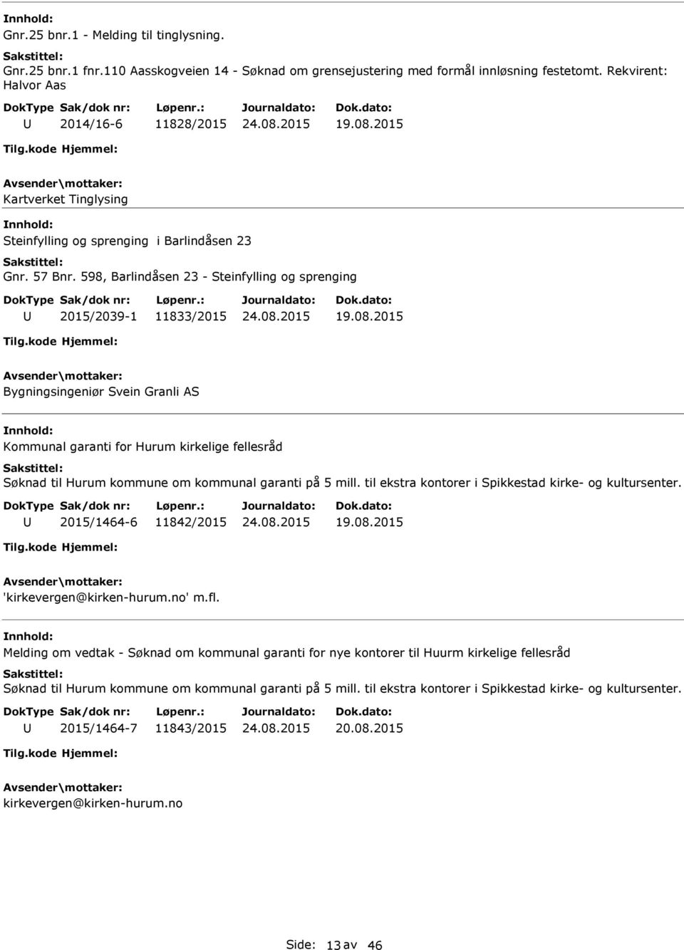 598, Barlindåsen 23 - Steinfylling og sprenging 2015/2039-1 11833/2015 Bygningsingeniør Svein Granli AS Kommunal garanti for Hurum kirkelige fellesråd Søknad til Hurum kommune om kommunal garanti på