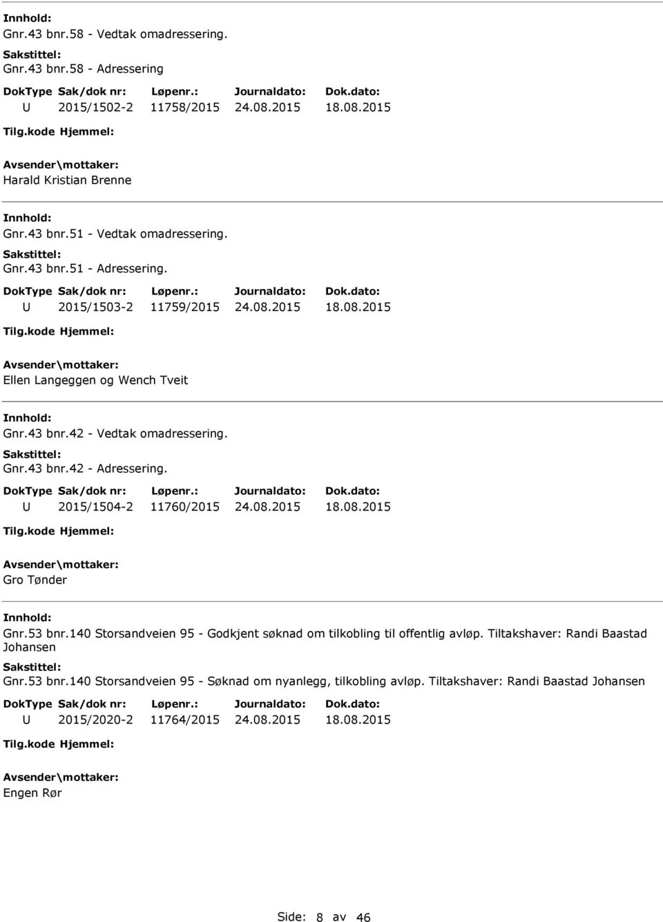 2015/1504-2 11760/2015 18.08.2015 Gro Tønder Gnr.53 bnr.140 Storsandveien 95 - Godkjent søknad om tilkobling til offentlig avløp.