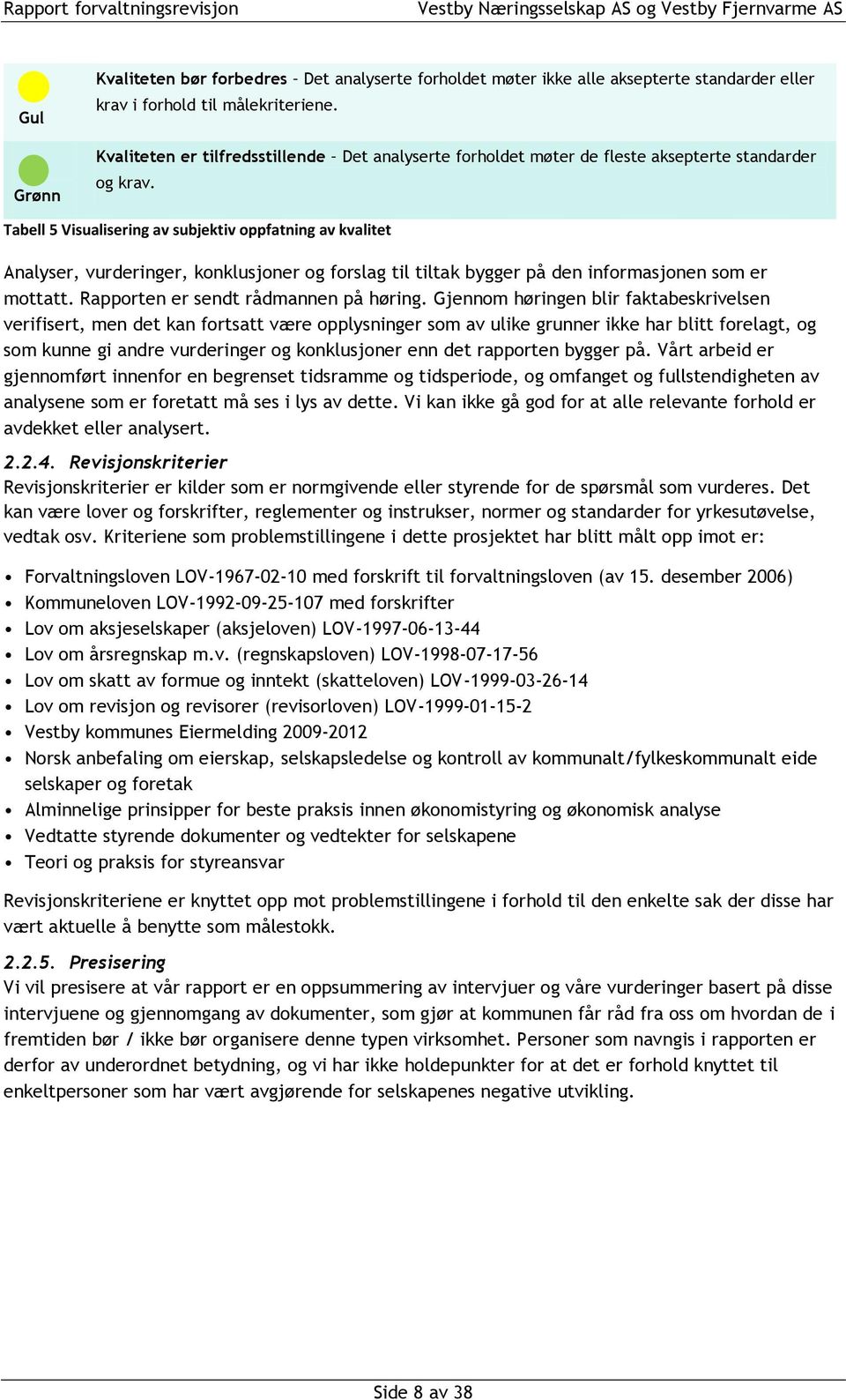 Tabell 5 Visualisering av subjektiv oppfatning av kvalitet Analyser, vurderinger, konklusjoner og forslag til tiltak bygger på den informasjonen som er mottatt. Rapporten er sendt rådmannen på høring.