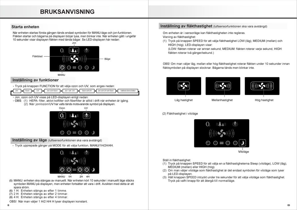 Se LED-displayen här nedan: Jon Fläktblad Båge Inställning av fläkthastighet (luftsensorfunktionen ska vara avstängd) Om enheten är i sensorläge kan fläkthastigheten inte regleras.