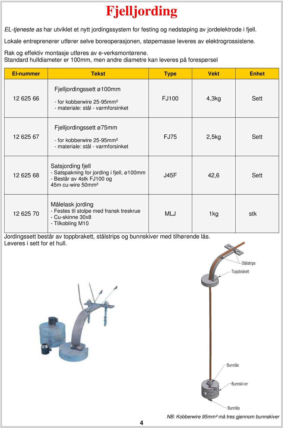 Standard hulldiameter er 100mm, men andre diametre kan leveres på forespørsel El-nummer Tekst Type Vekt Enhet 12 625 66 Fjelljordingssett ø100mm - for kobberwire 25-95mm² - materiale: stål -