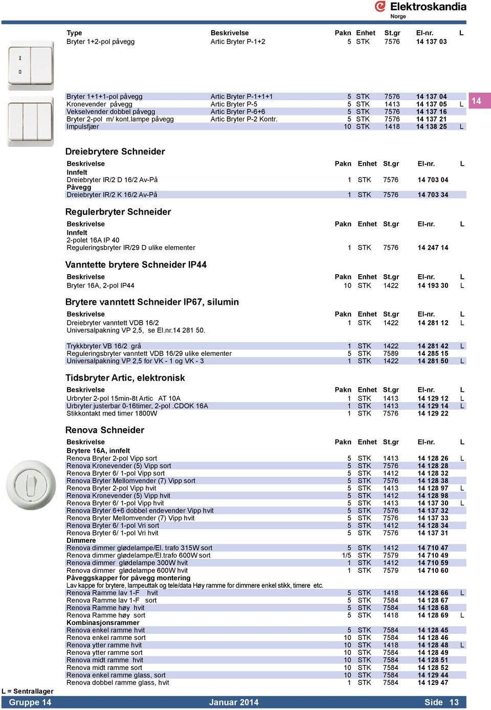 5 STK 7576 14 137 21 Impulsfjær 10 STK 1418 14 138 25 L 14 Dreiebrytere Schneider Innfelt Dreiebryter IR/2 D 16/2 Av-På 1 STK 7576 14 703 04 Påvegg Dreiebryter IR/2 K 16/2 Av-På 1 STK 7576 14 703 34