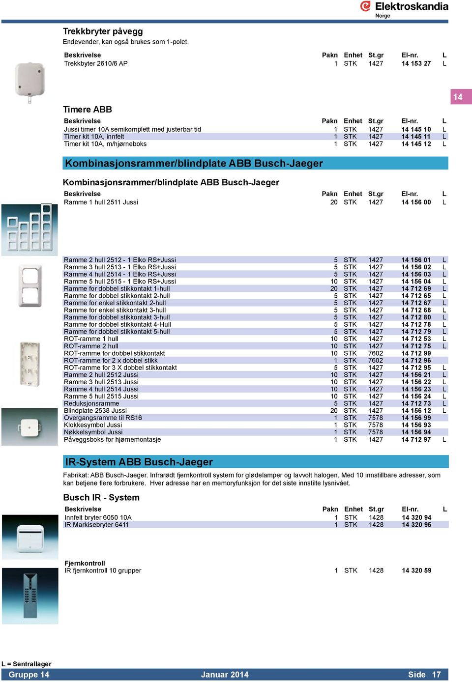 1 STK 1427 14 145 12 L 14 Kombinasjonsrammer/blindplate ABB Busch-Jaeger Kombinasjonsrammer/blindplate ABB Busch-Jaeger Ramme 1 hull 2511 Jussi 20 STK 1427 14 156 00 L Ramme 2 hull 2512-1 Elko