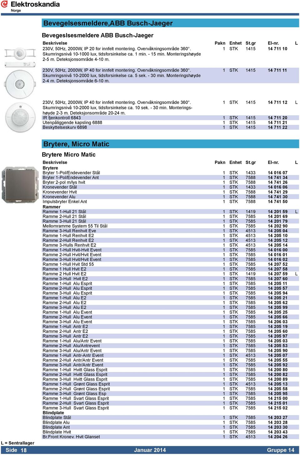 5 sek. - 30 min. Monteringshøyde 2-4 m. Deteksjonsområde 6-10 m. 1 STK 1415 14 711 11 230V, 50Hz, 2000W, IP 40 for innfelt montering. Overvåkningsområde 360.