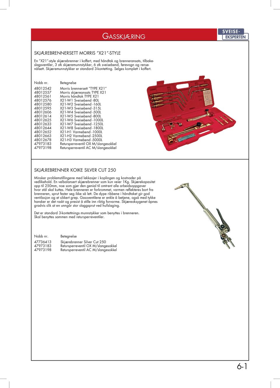 Betegnelse 48012542 Morris brennersett TYPE X21 48012557 Morris skjæreansats TYPE X21 48012561 Morris håndtak TYPE X21 48012576 X21-W1 Sveisebend -80L 48012580 X21-W2 Sveisebend -160L 48012595 X21-W3