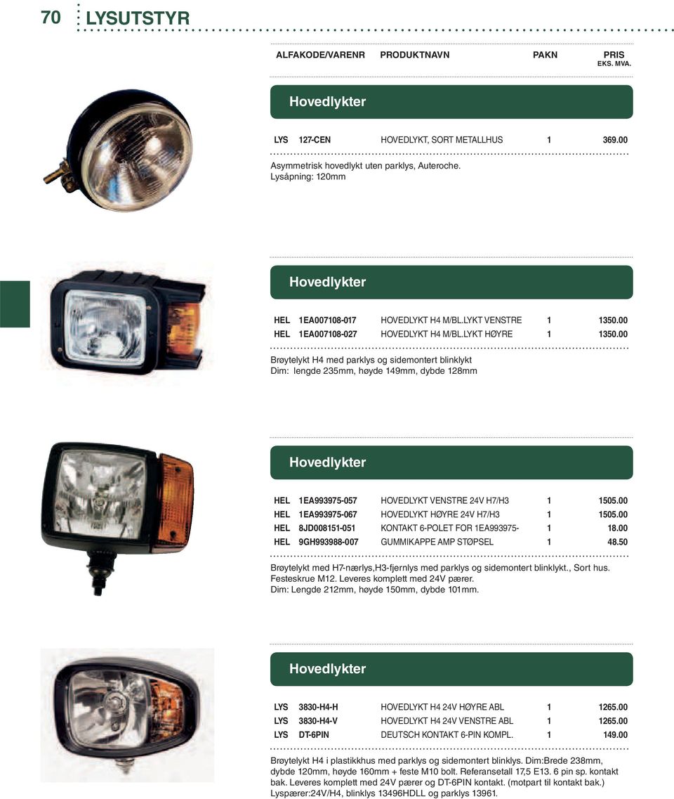 00 Brøytelykt H4 med parklys og sidemontert blinklykt Dim: lengde 235mm, høyde 149mm, dybde 128mm Hovedlykter HEL 1EA993975-057 HOVEDLYKT VENSTRE 24V H7/H3 1 1505.