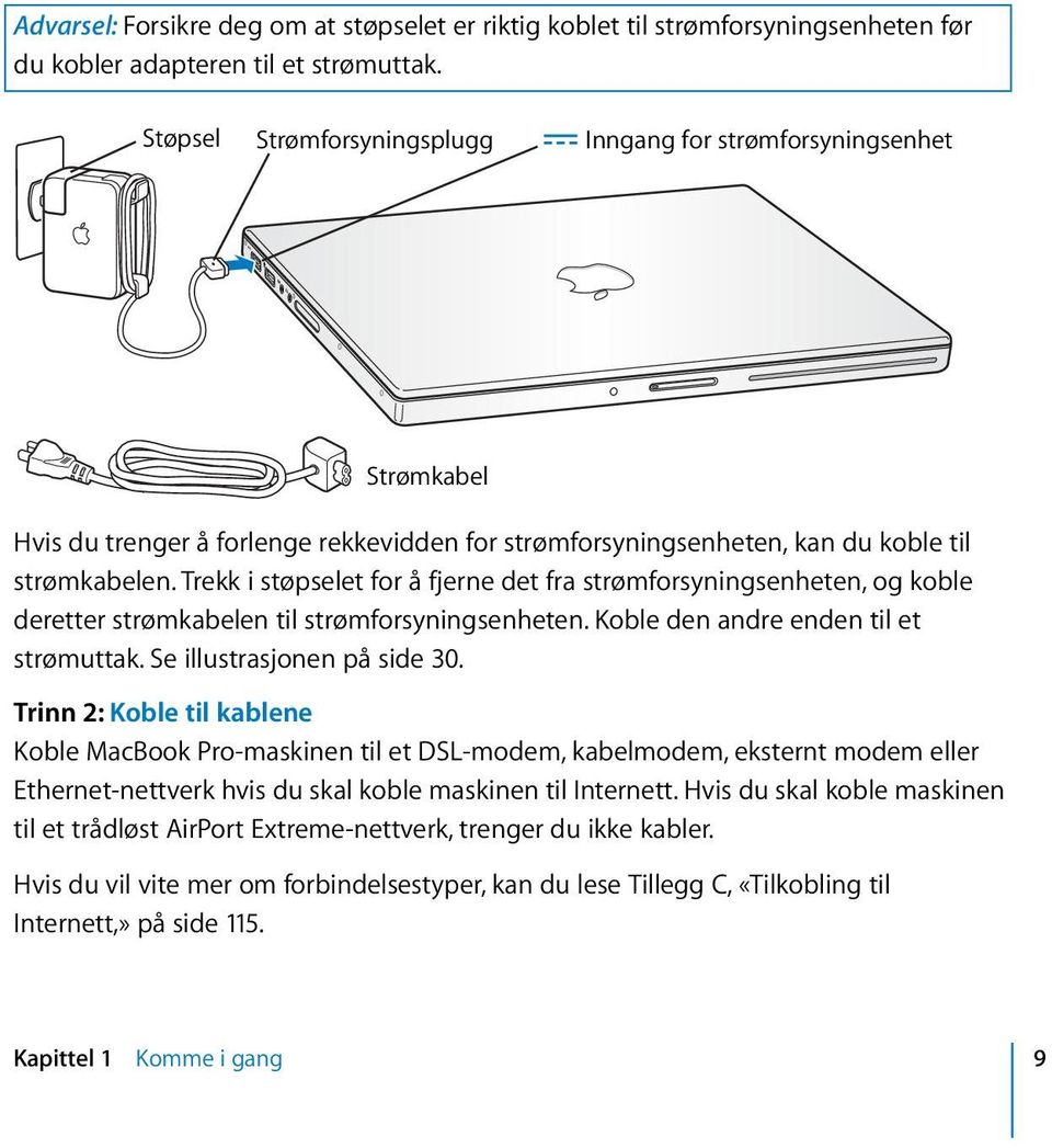 Trekk i støpselet for å fjerne det fra strømforsyningsenheten, og koble deretter strømkabelen til strømforsyningsenheten. Koble den andre enden til et strømuttak. Se illustrasjonen på side 30.