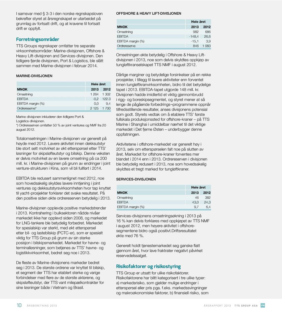 Den tidligere fjerde divisjonen, Port & Logistics, ble slått sammen med Marine-divisjonen i februar 2014. MARINE-DIVISJONEN Hele året MNOK 2013 2012 Omsetning 1 264 1 302 EBITDA -0,2 122.