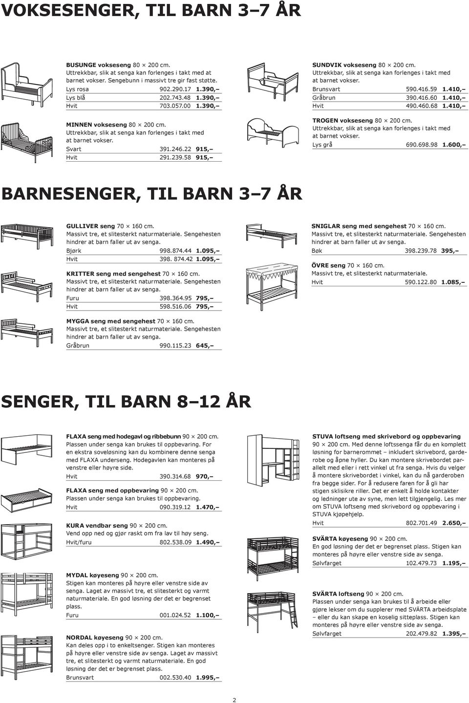 58 915, SUNDVIK vokseseng 80 200 cm. Uttrekkbar, slik at senga kan forlenges i takt med at barnet vokser. Brunsvart 590.416.59 1.410, Gråbrun 390.416.60 1.410, Hvit 490.460.68 1.