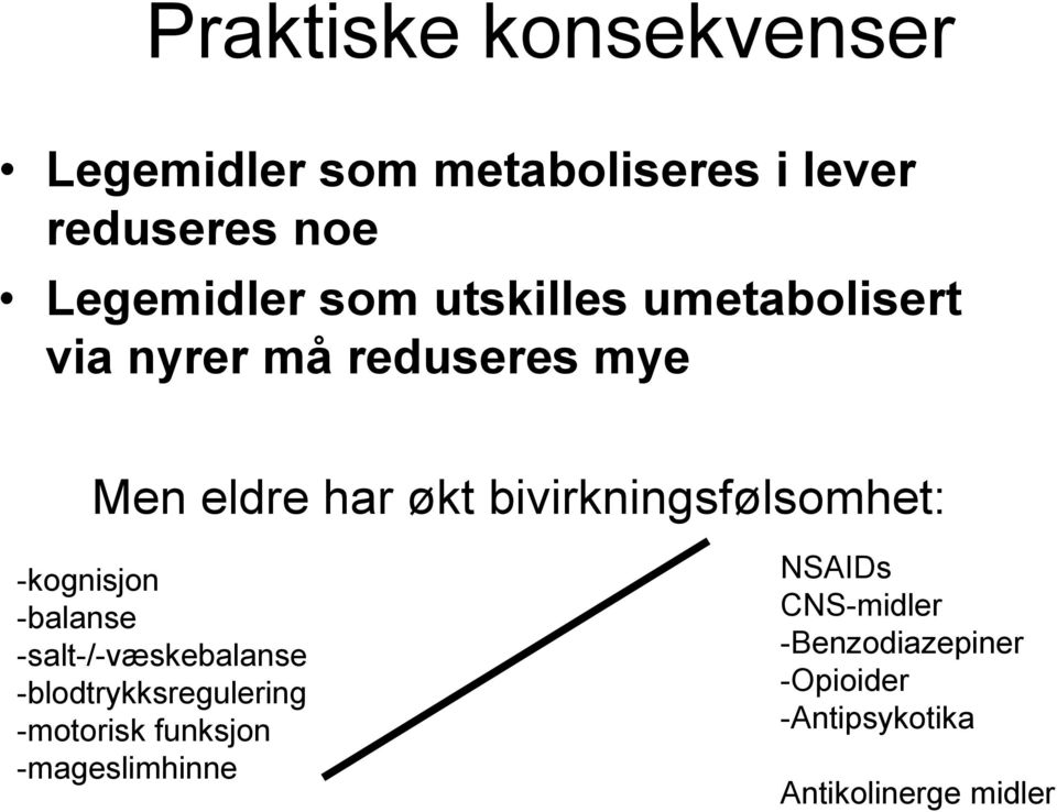 bivirkningsfølsomhet: -kognisjon -balanse -salt-/-væskebalanse -blodtrykksregulering