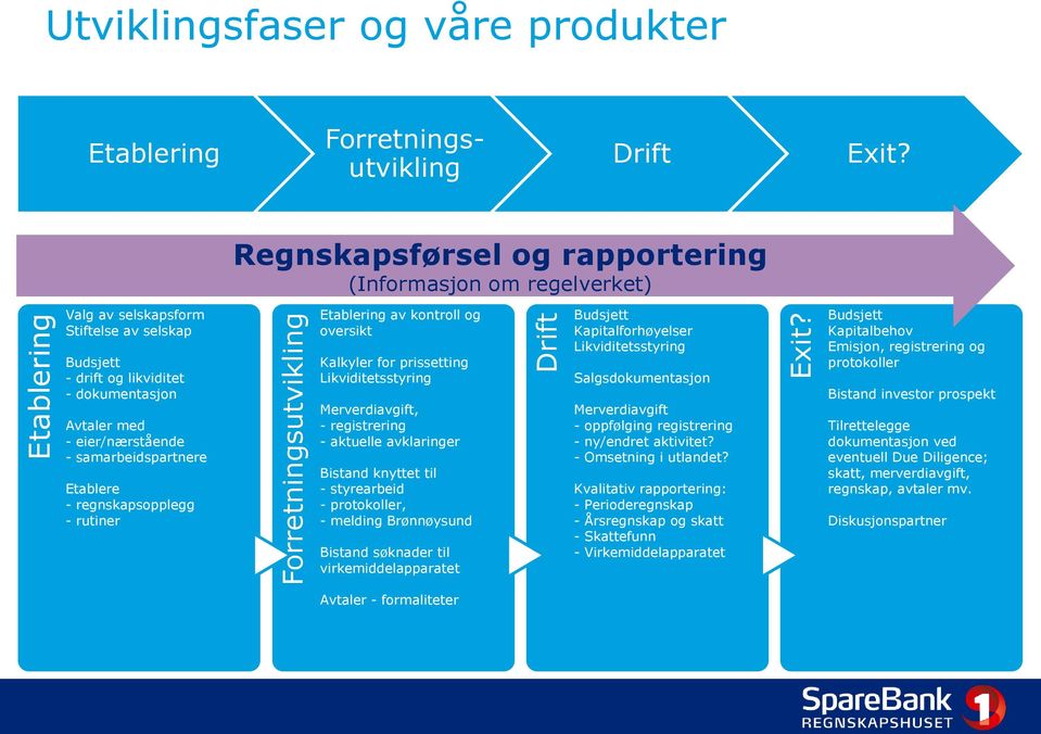 samarbeidspartnere Etablere - regnskapsopplegg - rutiner Etablering av kontroll og oversikt Kalkyler for prissetting Likviditetsstyring Merverdiavgift, - registrering - aktuelle avklaringer Bistand