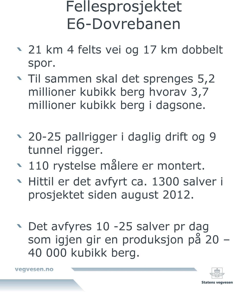 20-25 pallrigger i daglig drift og 9 tunnel rigger. 110 rystelse målere er montert.