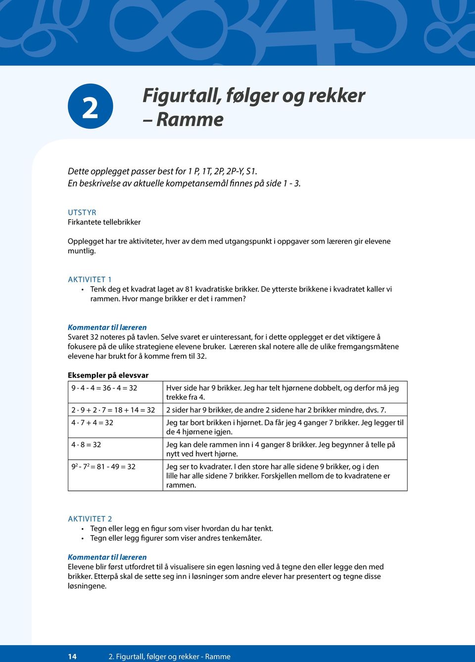 De ytterste brikkene i kvadratet kaller vi rammen. Hvor mange brikker er det i rammen? Kommentar til læreren Svaret 32 noteres på tavlen.