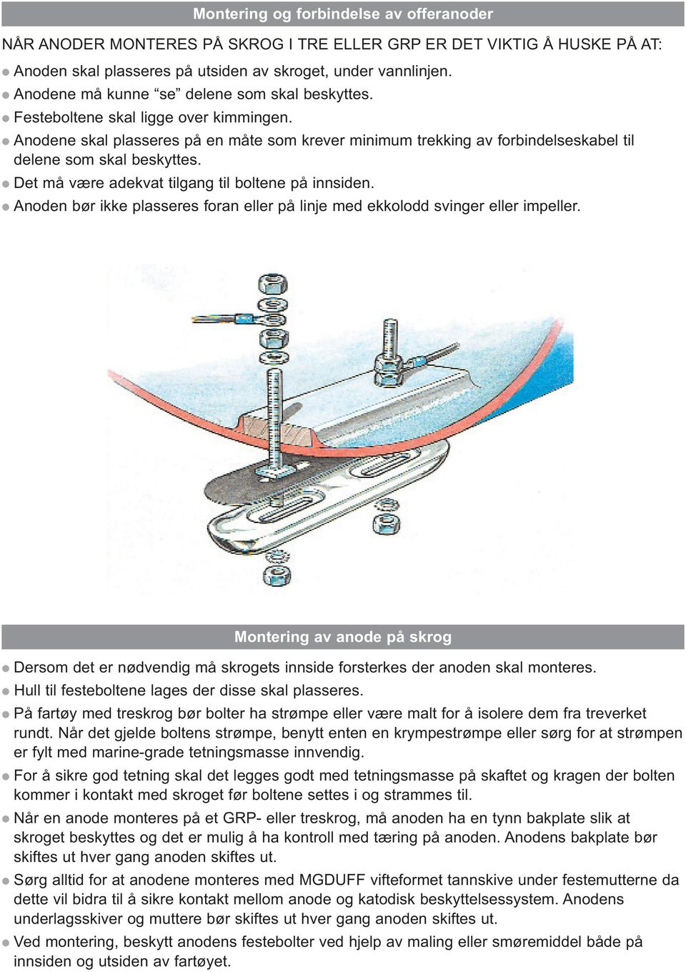 Det må være adekvat tilgang til boltene på innsiden. Anoden bør ikke plasseres foran eller på linje med ekkolodd svinger eller impeller.