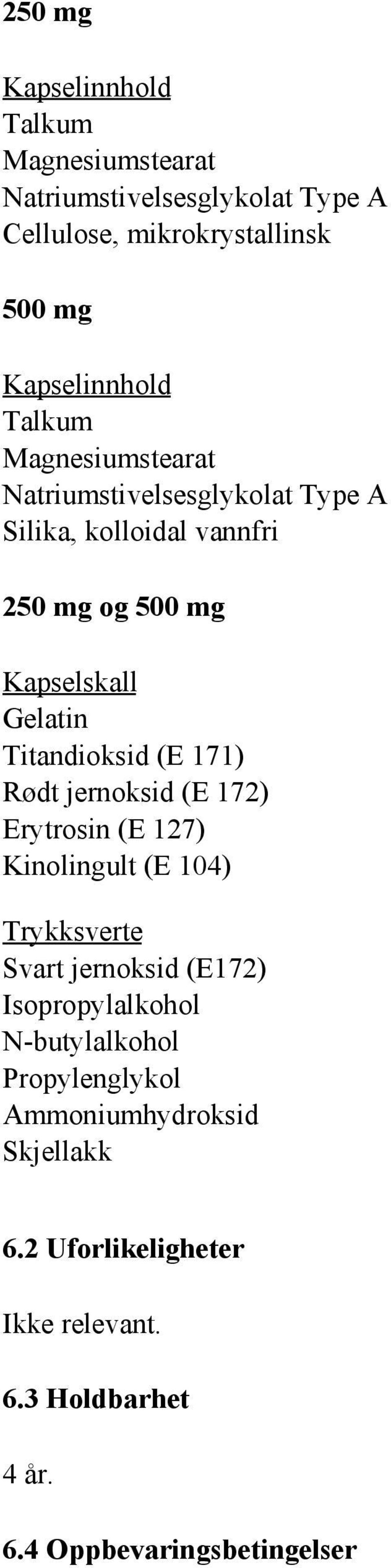 Titandioksid (E 171) Rødt jernoksid (E 172) Erytrosin (E 127) Kinolingult (E 104) Trykksverte Svart jernoksid (E172)