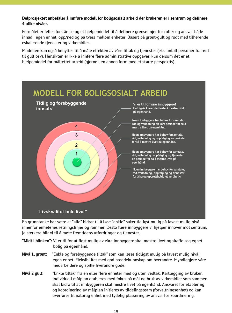 Basert på grønt-gult og rødt med tilhørende eskalerende tjenester og virkemidler. Modellen kan også benyttes til å måle effekten av våre tiltak og tjenester (eks.