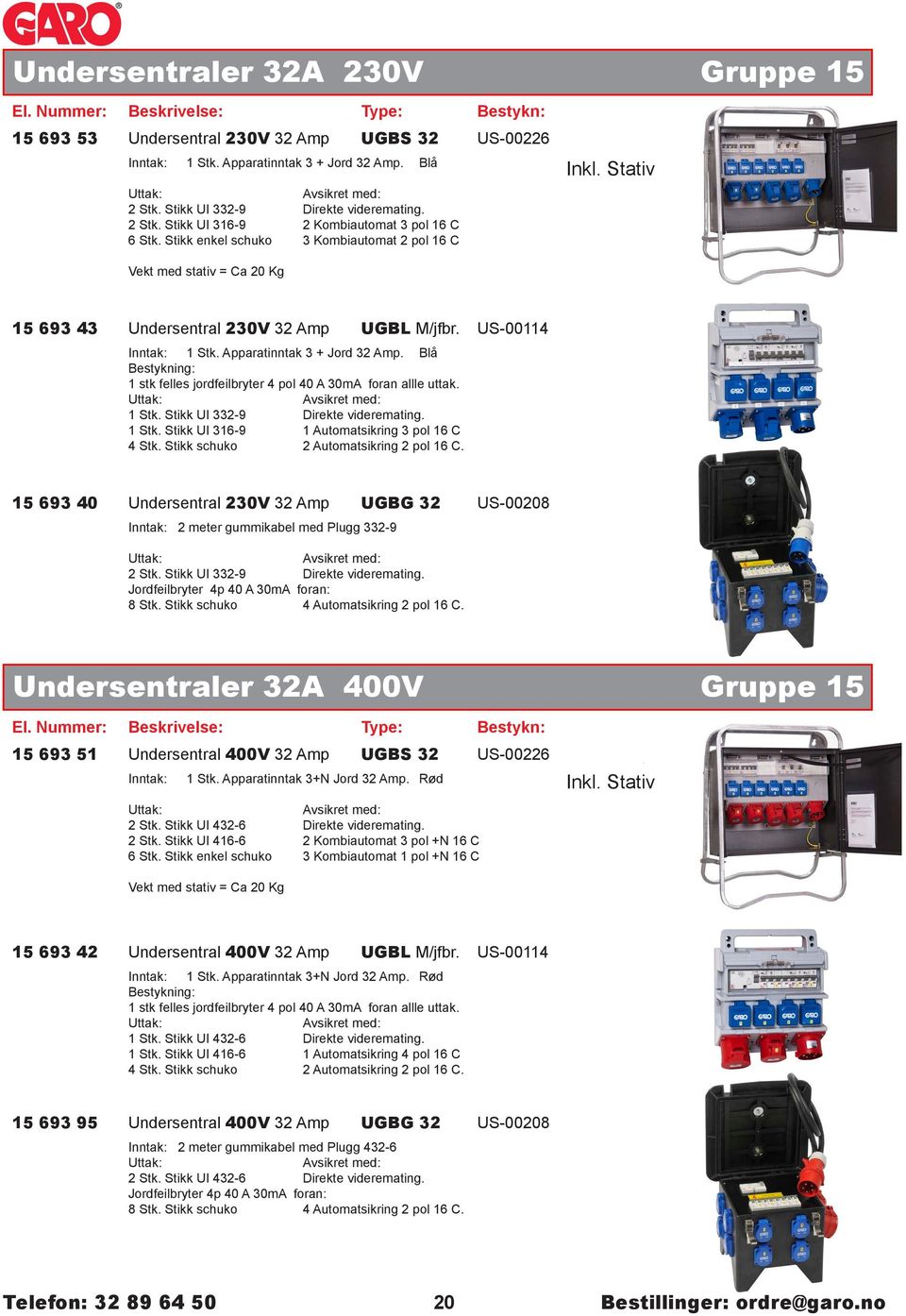 Stikk enkel schuko 3 Kombiautomat 2 pol 16 C Vekt med stativ = Ca 20 Kg Inkl. Stativ 15 693 43 Undersentral 230V 32 Amp UGBL M/jfbr. US-00114 1 800,00 Inntak: 1 Stk. Apparatinntak 3 + Jord 32 Amp.