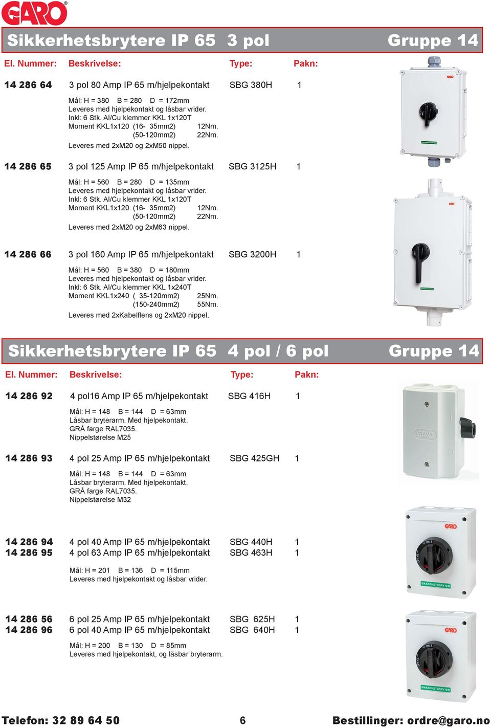 14 286 65 3 pol 125 Amp IP 65 m/hjelpekontakt SBG 3125H 1 4 100,00 Mål: H = 560 B = 280 D = 135mm Leveres med hjelpekontakt og låsbar vrider. Inkl: 6 Stk.