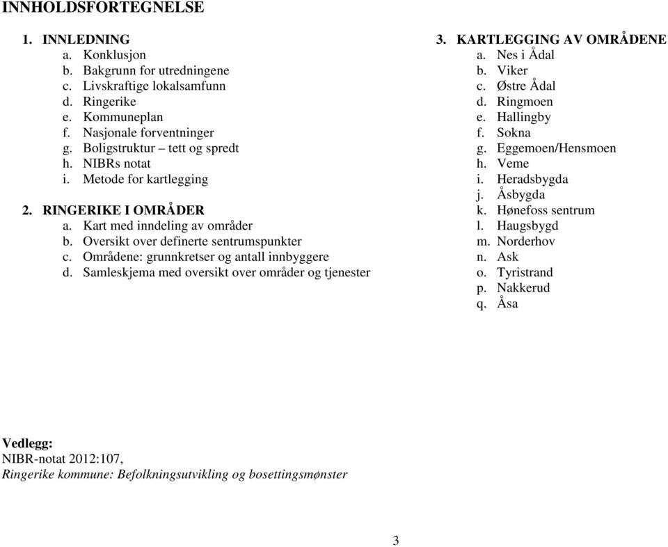 Områdene: grunnkretser og antall innbyggere d. Samleskjema med oversikt over områder og tjenester 3. KARTLEGGING AV OMRÅDENE a. Nes i Ådal b. Viker c. Østre Ådal d. Ringmoen e. Hallingby f.