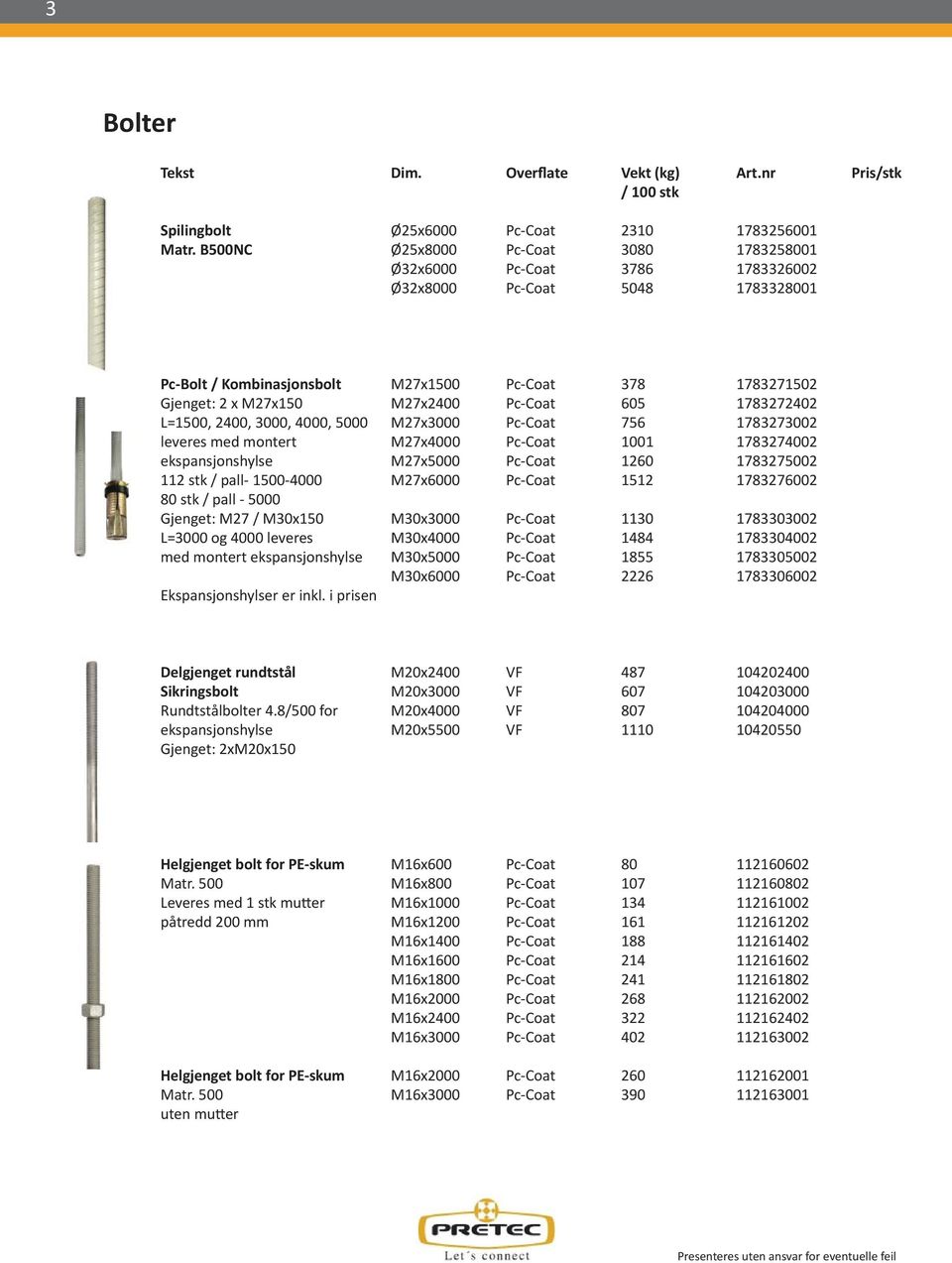 Pc-Coat 605 1783272402 L=1500, 2400, 3000, 4000, 5000 M27x3000 Pc-Coat 756 1783273002 leveres med montert M27x4000 Pc-Coat 1001 1783274002 ekspansjonshylse M27x5000 Pc-Coat 1260 1783275002 112 stk /